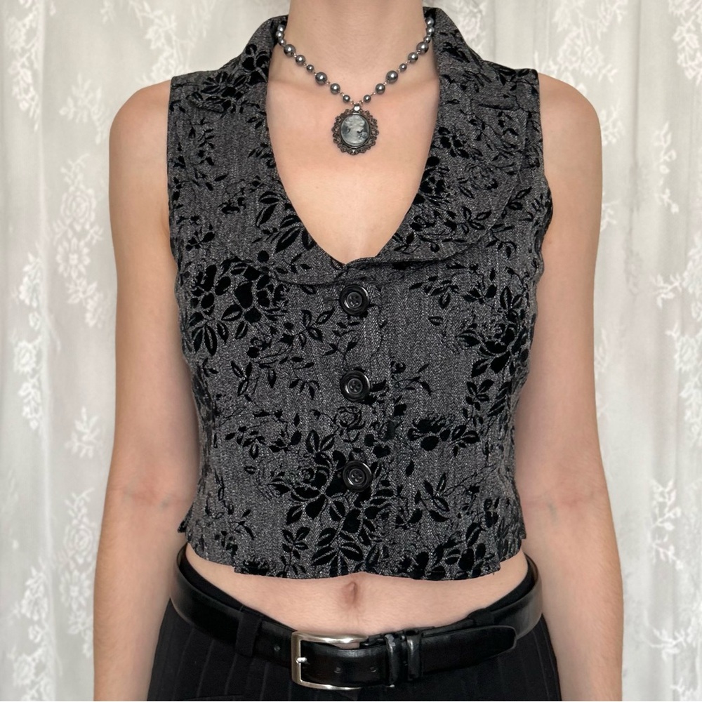 Dark Academia Grey Vest With Black Floral Pattern